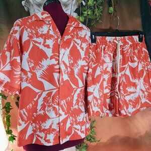 EUC: NovaMen Sz M Orange & White Tropical Floral Print 2-Piece Shirt & Short Set